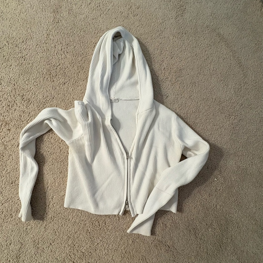 White Ribbed Zip-Up Hoodie